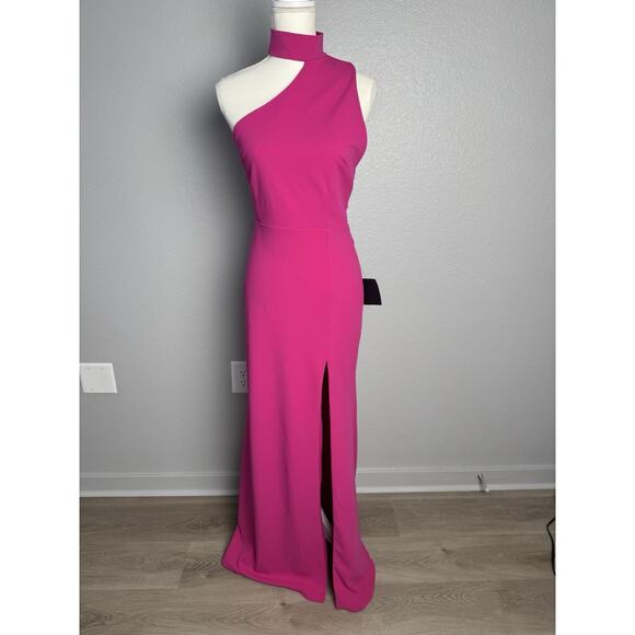 NWT Lulu’s Keep It Interesting Hot Pink Asymmetrical Halter Maxi Dress Size M - Picture 3 of 5